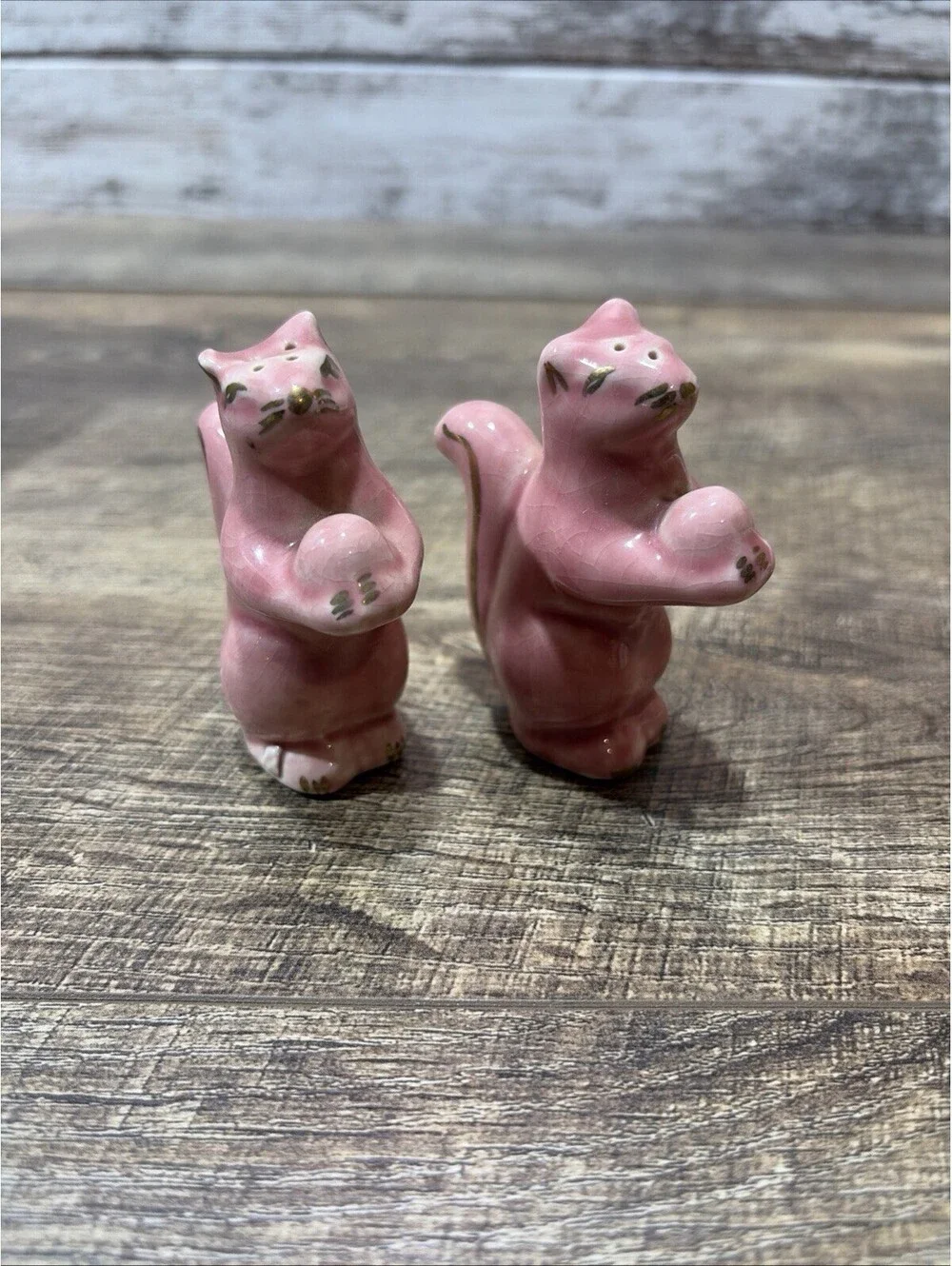 Vintage Pink & Gold Squirrels With Nut Salt And Pepper Shakers